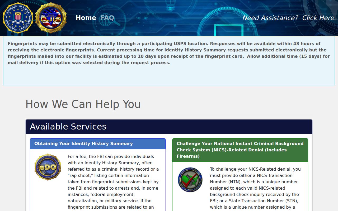 FBI electronic identity history request portal for personal record review